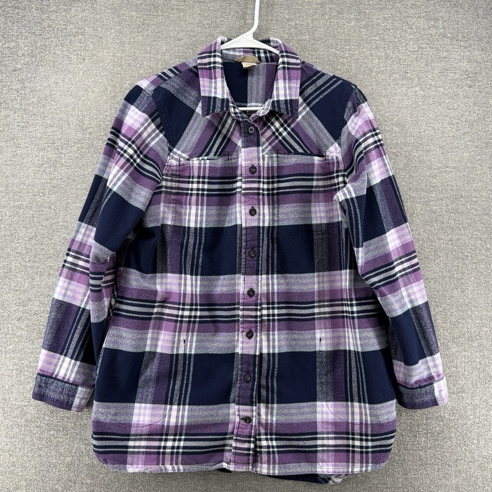 Duluth Trading Flannel Shacket Women Size Large Purple Plaid Long Sleeve Cottage - Picture 1 of 10